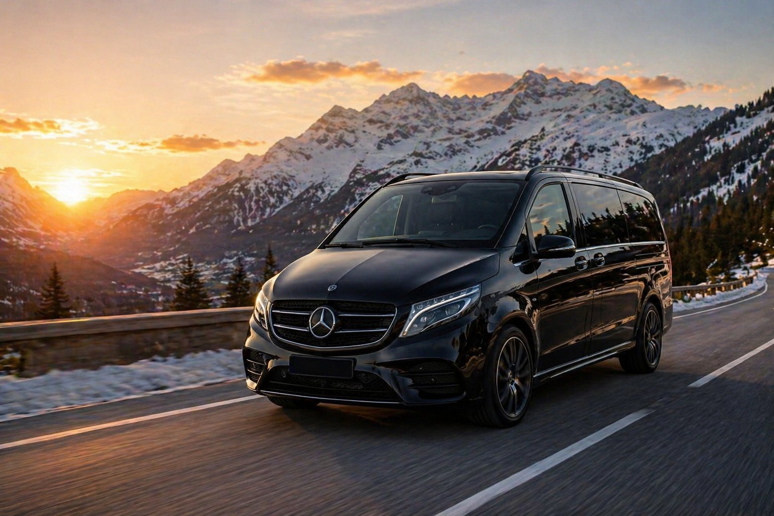 Black Mercedes V-Class at sunset in the Alps — Enjoy Limousine
